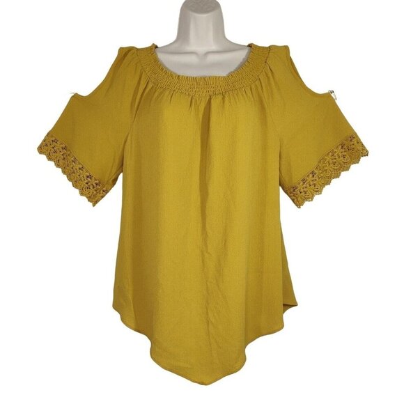 Cato Cold Shoulder Top Off the Shoulder Women Size M Yellow-Brown Short Sleeve - Picture 1 of 9